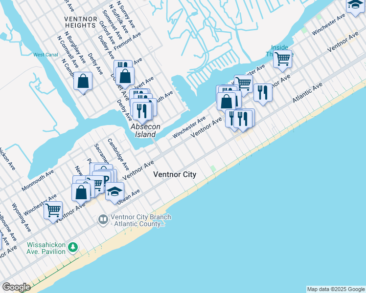 map of restaurants, bars, coffee shops, grocery stores, and more near 10 South Oxford Avenue in Ventnor City