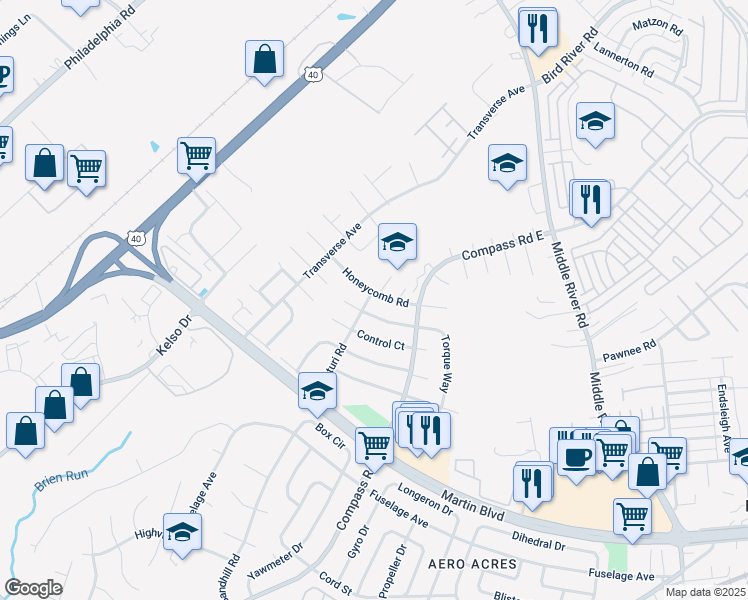 map of restaurants, bars, coffee shops, grocery stores, and more near 33 Honeycomb Road in Middle River