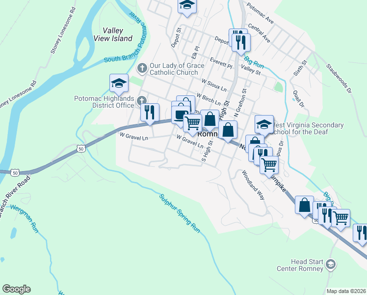 map of restaurants, bars, coffee shops, grocery stores, and more near 140 West Marathon Place in Romney