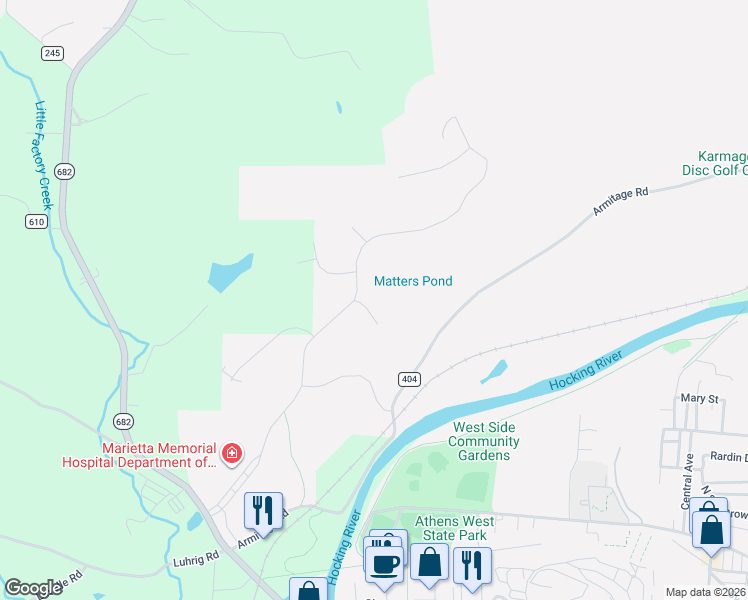 map of restaurants, bars, coffee shops, grocery stores, and more near 5 Maple Grove Way in Athens