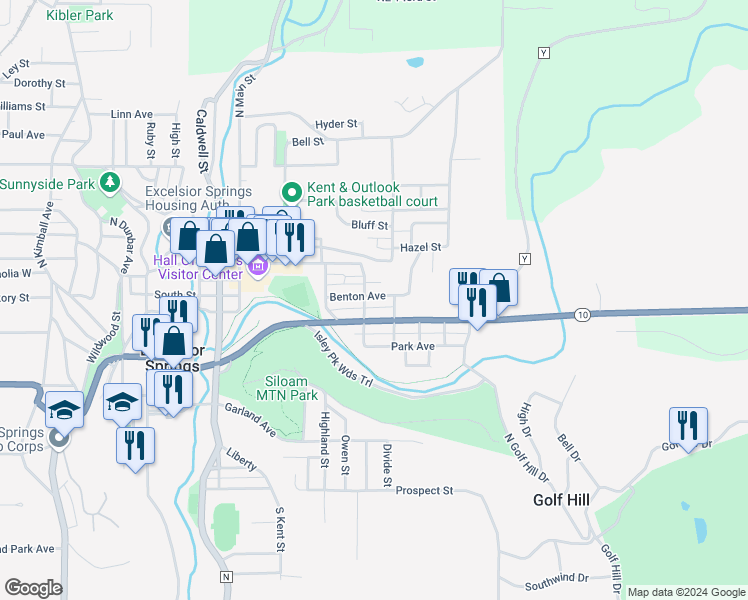 map of restaurants, bars, coffee shops, grocery stores, and more near 509 Benton Avenue in Excelsior Springs