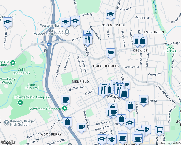 map of restaurants, bars, coffee shops, grocery stores, and more near 4302 Falls Road in Baltimore