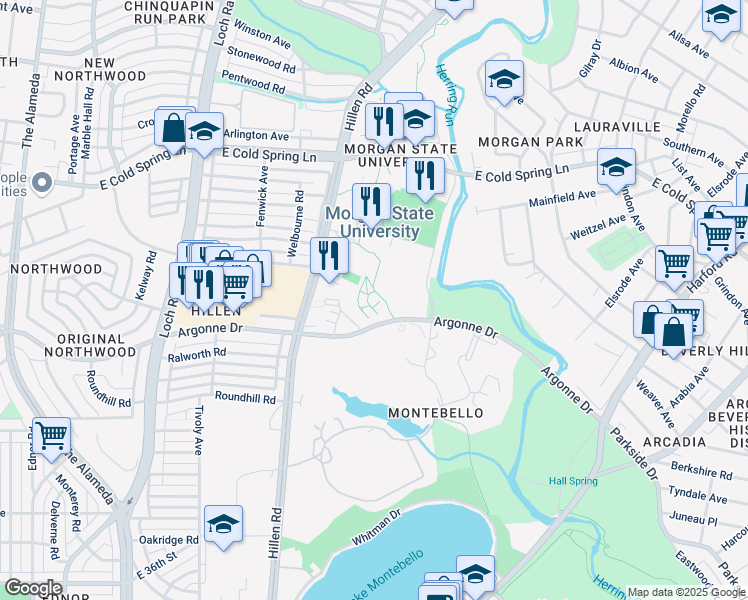 map of restaurants, bars, coffee shops, grocery stores, and more near 1700 Argonne Drive in Baltimore