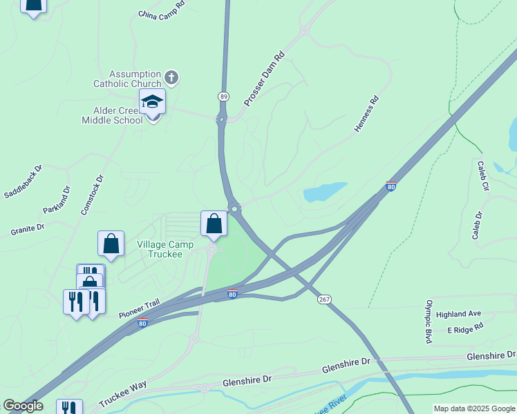 map of restaurants, bars, coffee shops, grocery stores, and more near 11907 Waters Way in Truckee