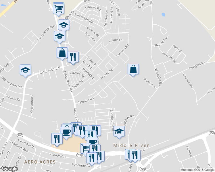 map of restaurants, bars, coffee shops, grocery stores, and more near 2 Nakota Court in Middle River