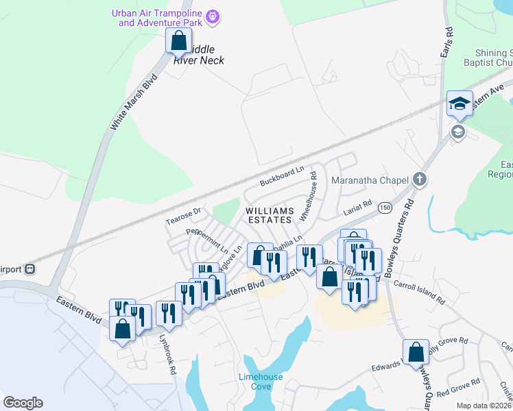 map of restaurants, bars, coffee shops, grocery stores, and more near 137 Trailway Road in Middle River