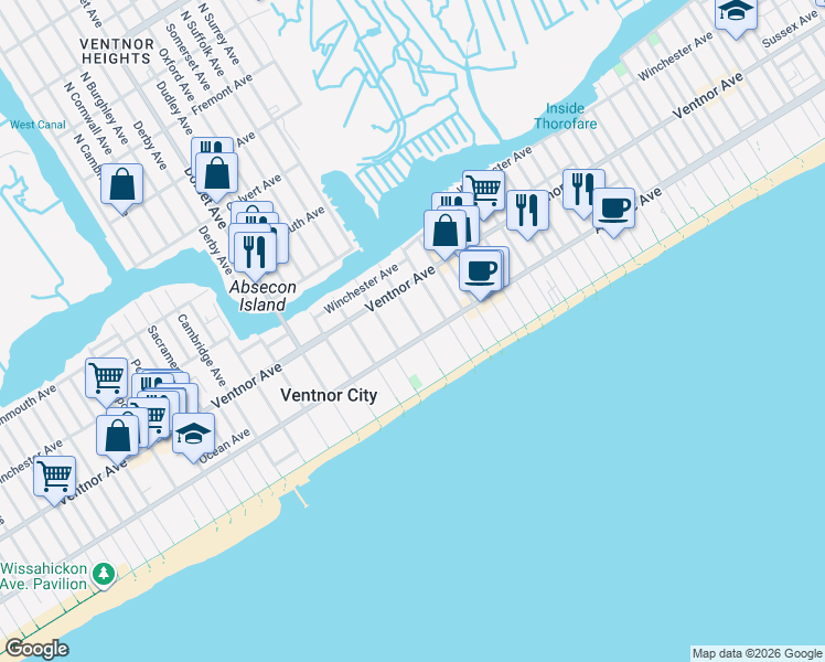 map of restaurants, bars, coffee shops, grocery stores, and more near 5600 Atlantic Avenue in Ventnor City