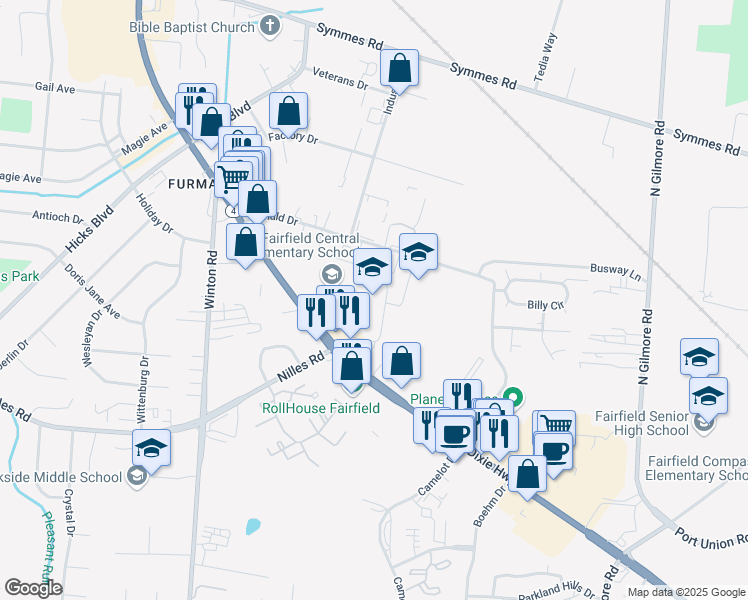 map of restaurants, bars, coffee shops, grocery stores, and more near 5054 Dixie Highway in Fairfield