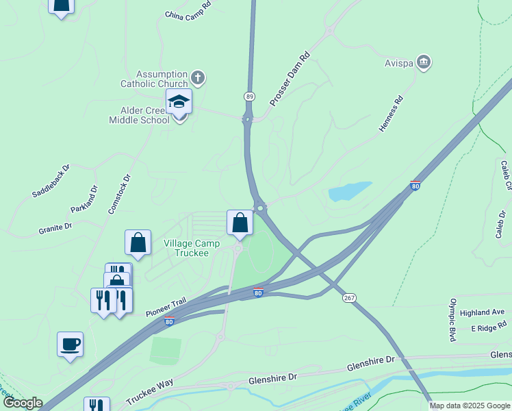 map of restaurants, bars, coffee shops, grocery stores, and more near 10500 California 89 in Truckee