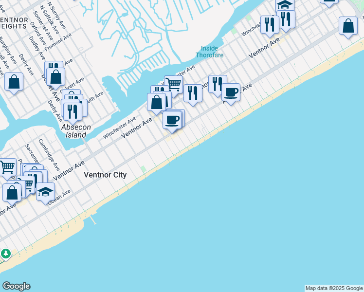 map of restaurants, bars, coffee shops, grocery stores, and more near 5208 Boardwalk in Ventnor City