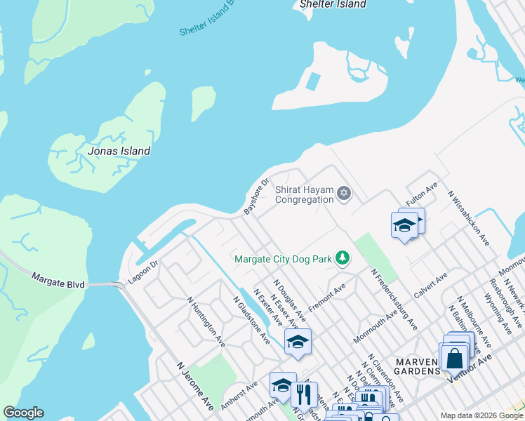 map of restaurants, bars, coffee shops, grocery stores, and more near 605 North Clermont Avenue in Margate City