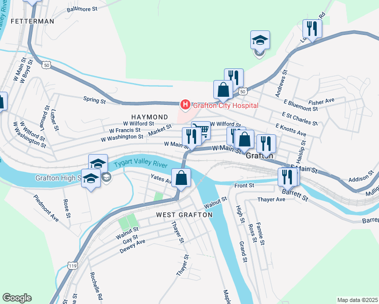 map of restaurants, bars, coffee shops, grocery stores, and more near in Grafton