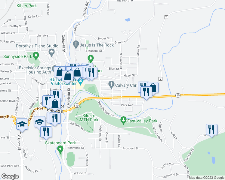 map of restaurants, bars, coffee shops, grocery stores, and more near 501 Benton Avenue in Excelsior Springs