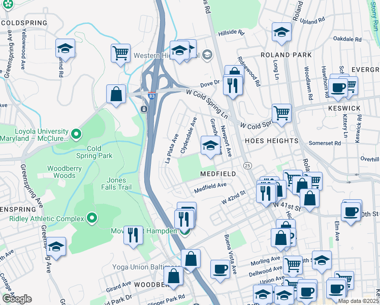 map of restaurants, bars, coffee shops, grocery stores, and more near 1430 Wood Heights Avenue in Baltimore
