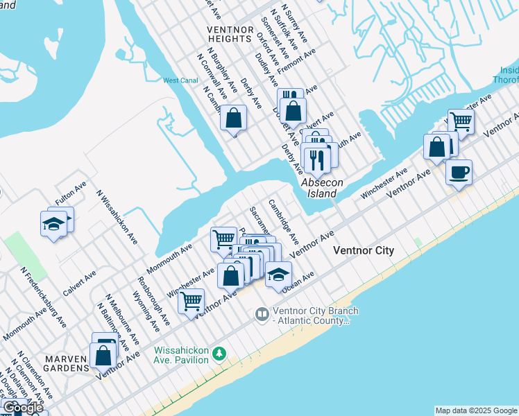 map of restaurants, bars, coffee shops, grocery stores, and more near 105 North Sacramento Avenue in Ventnor City