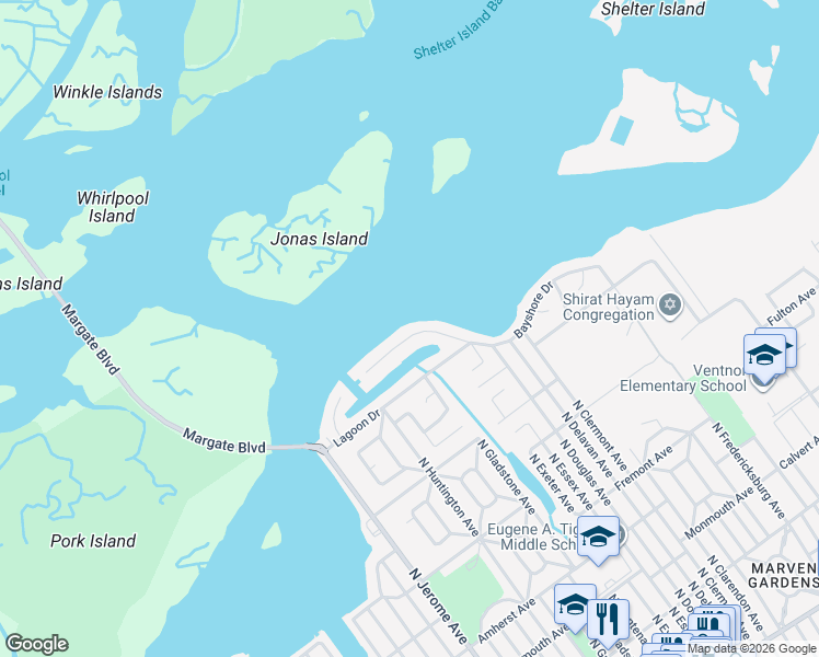 map of restaurants, bars, coffee shops, grocery stores, and more near 8001 Bayshore Drive in Margate City