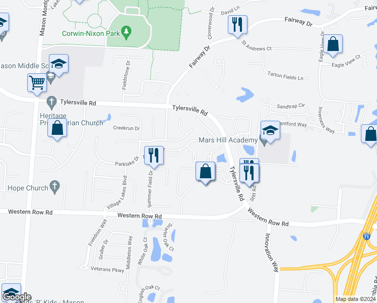 map of restaurants, bars, coffee shops, grocery stores, and more near 6695 Ridgefield Court in Mason
