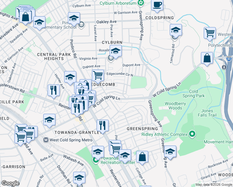 map of restaurants, bars, coffee shops, grocery stores, and more near 2837 Oakford Avenue in Baltimore