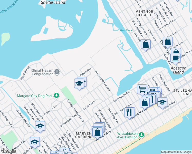 map of restaurants, bars, coffee shops, grocery stores, and more near 410 North Wissahickon Avenue in Ventnor City