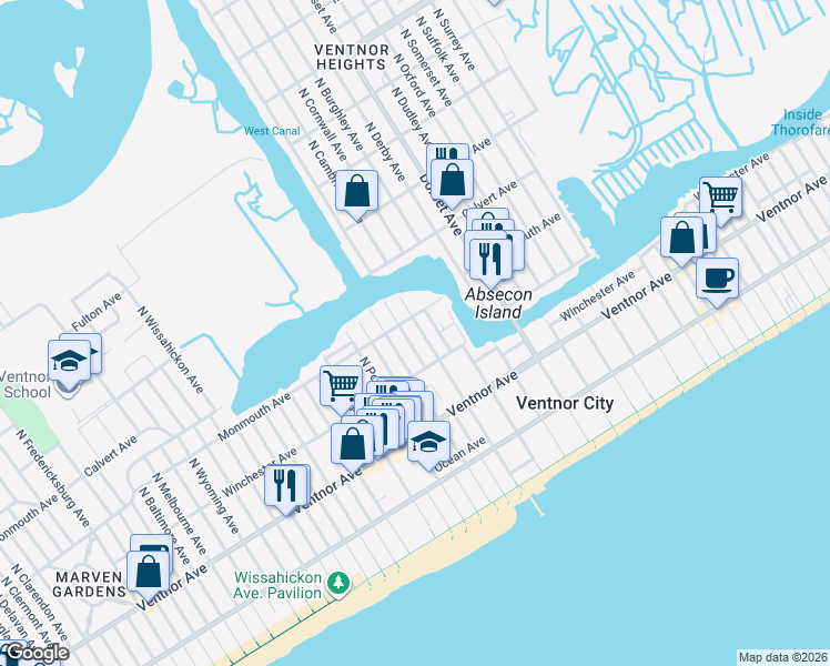 map of restaurants, bars, coffee shops, grocery stores, and more near 202 North Cambridge Avenue in Ventnor City