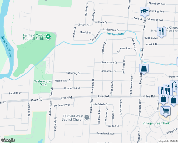 map of restaurants, bars, coffee shops, grocery stores, and more near 5475 Coolbrook Drive in Fairfield