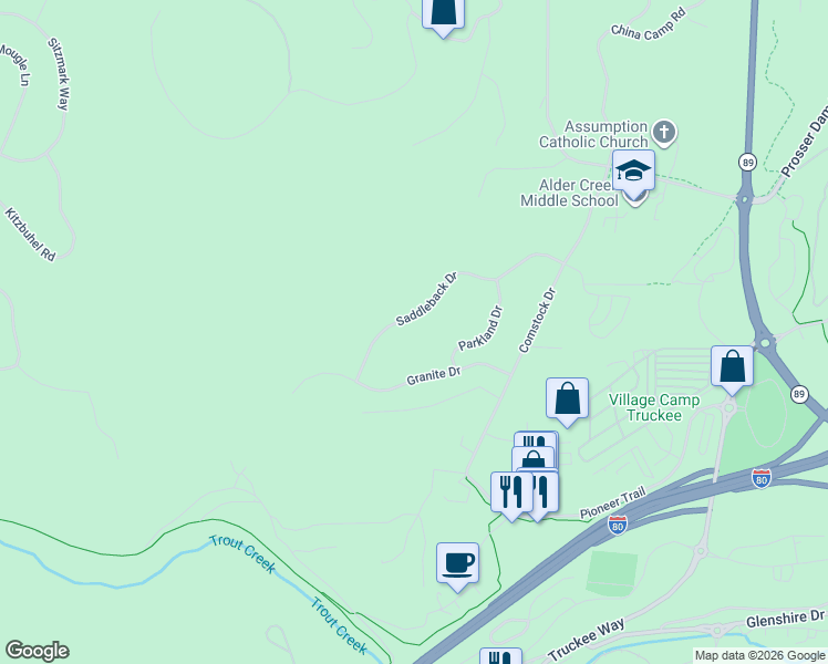 map of restaurants, bars, coffee shops, grocery stores, and more near 11954 Saddleback Drive in Truckee
