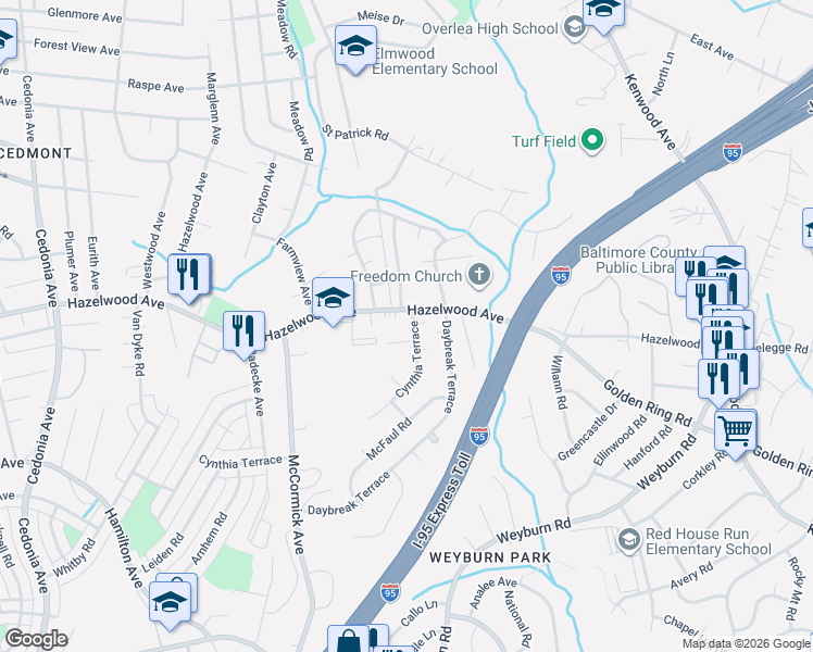 map of restaurants, bars, coffee shops, grocery stores, and more near 5720 Cynthia Terrace in Baltimore