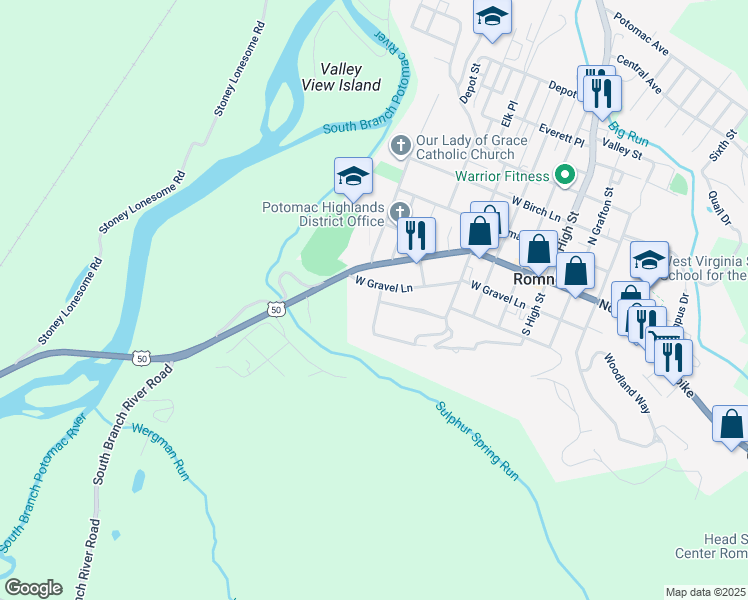 map of restaurants, bars, coffee shops, grocery stores, and more near 505 West Gravel Lane in Romney