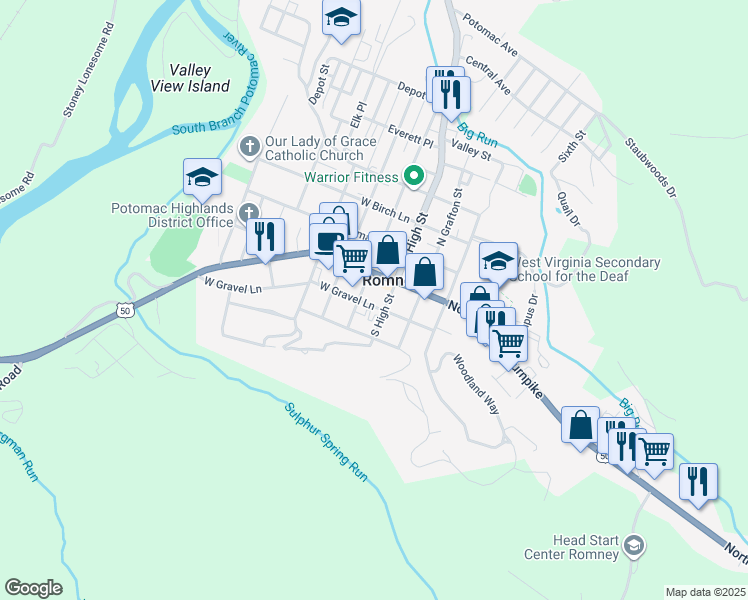 map of restaurants, bars, coffee shops, grocery stores, and more near 51 West Gravel Lane in Romney