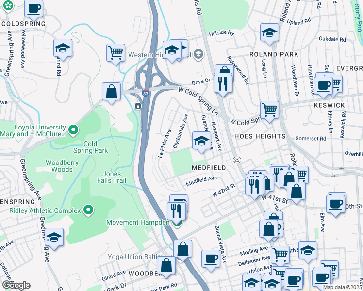 map of restaurants, bars, coffee shops, grocery stores, and more near 1430 Wood Heights Avenue in Baltimore