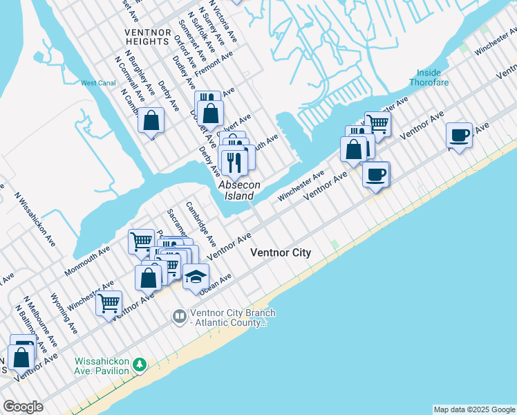 map of restaurants, bars, coffee shops, grocery stores, and more near 5804 Edgewater Avenue in Ventnor City