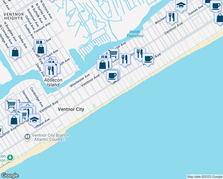 map of restaurants, bars, coffee shops, grocery stores, and more near 113 South Little Rock Avenue in Ventnor City