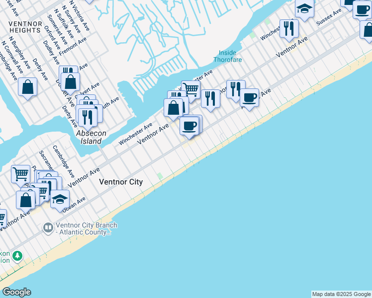 map of restaurants, bars, coffee shops, grocery stores, and more near 113 South Little Rock Avenue in Ventnor City