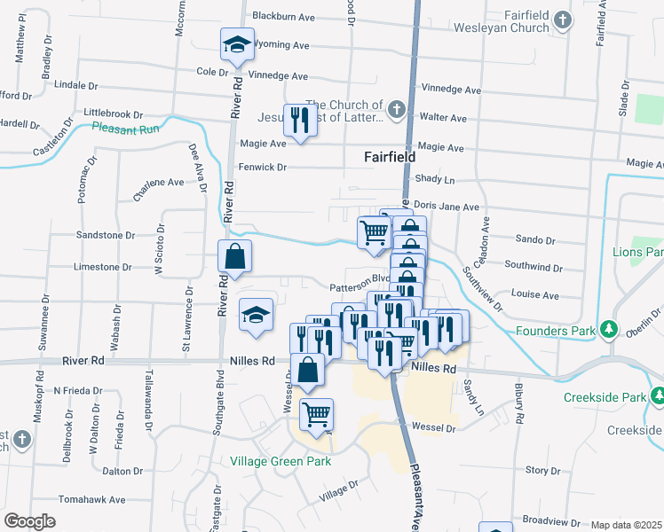 map of restaurants, bars, coffee shops, grocery stores, and more near 520 Patterson Boulevard in Fairfield