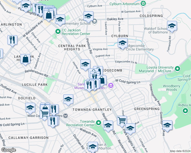 map of restaurants, bars, coffee shops, grocery stores, and more near 4505 Park Heights Avenue in Baltimore