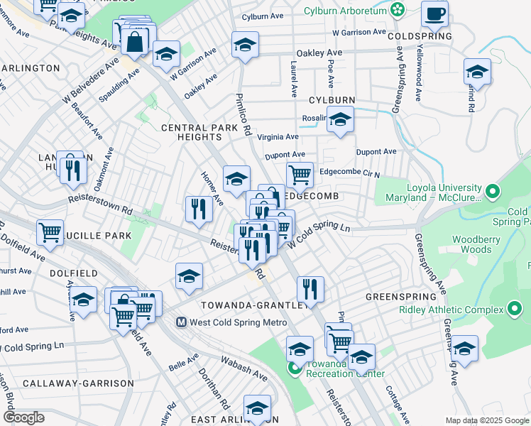 map of restaurants, bars, coffee shops, grocery stores, and more near 4505 Park Heights Avenue in Baltimore