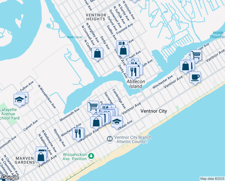 map of restaurants, bars, coffee shops, grocery stores, and more near 202 North Cambridge Avenue in Ventnor City