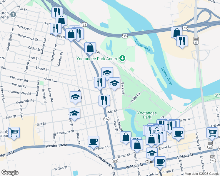 map of restaurants, bars, coffee shops, grocery stores, and more near 381 Yoctangee Parkway in Chillicothe