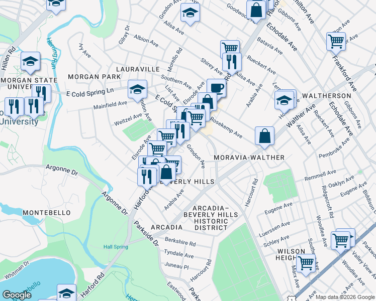 map of restaurants, bars, coffee shops, grocery stores, and more near 3007 Grindon Avenue in Baltimore