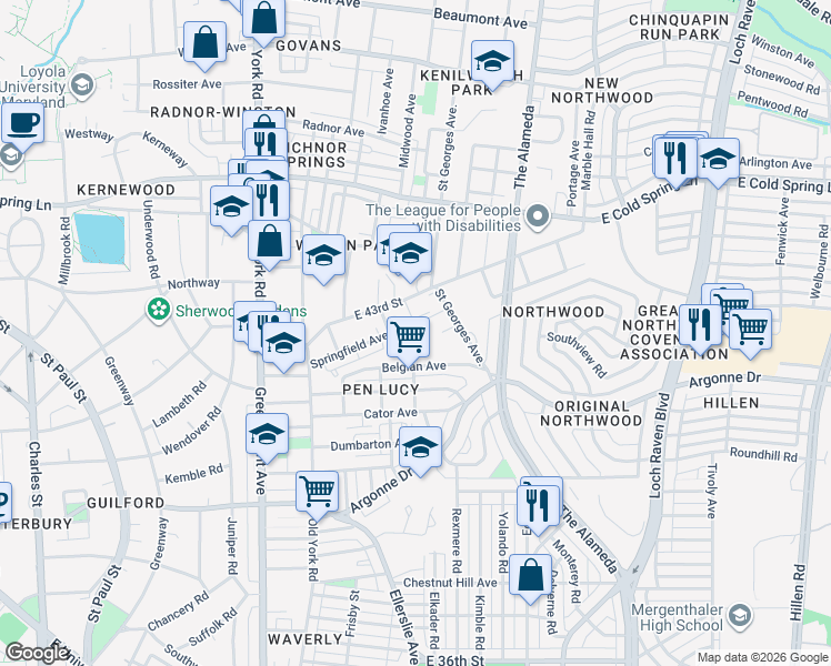 map of restaurants, bars, coffee shops, grocery stores, and more near 815 Gilrubin Court in Baltimore