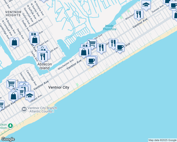 map of restaurants, bars, coffee shops, grocery stores, and more near 113 South Little Rock Avenue in Ventnor City