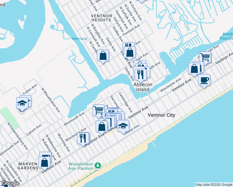 map of restaurants, bars, coffee shops, grocery stores, and more near 202 North Cambridge Avenue in Ventnor City