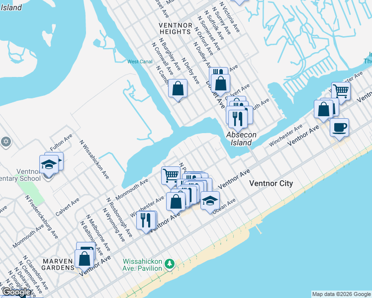 map of restaurants, bars, coffee shops, grocery stores, and more near 212 North Sacramento Avenue in Ventnor City