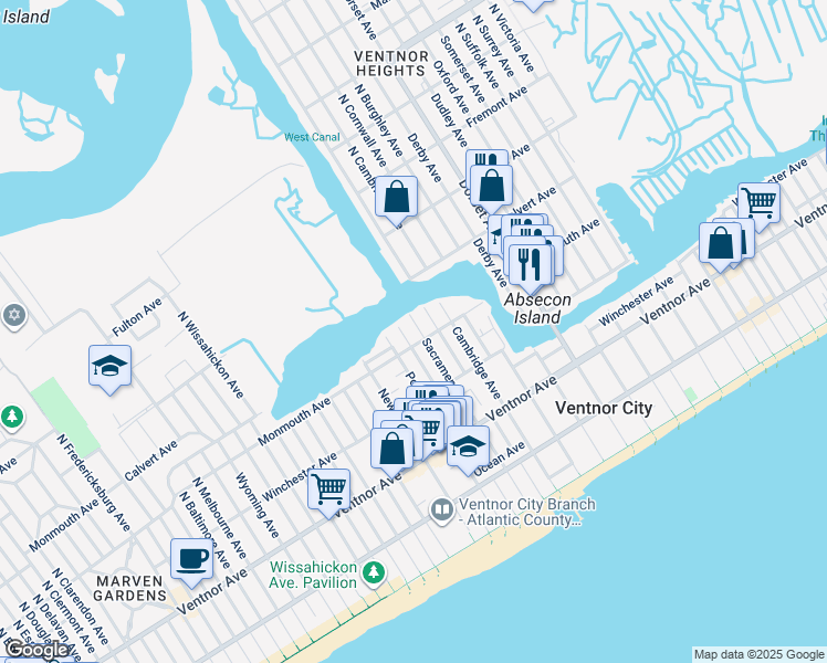 map of restaurants, bars, coffee shops, grocery stores, and more near 212 North Sacramento Avenue in Ventnor City