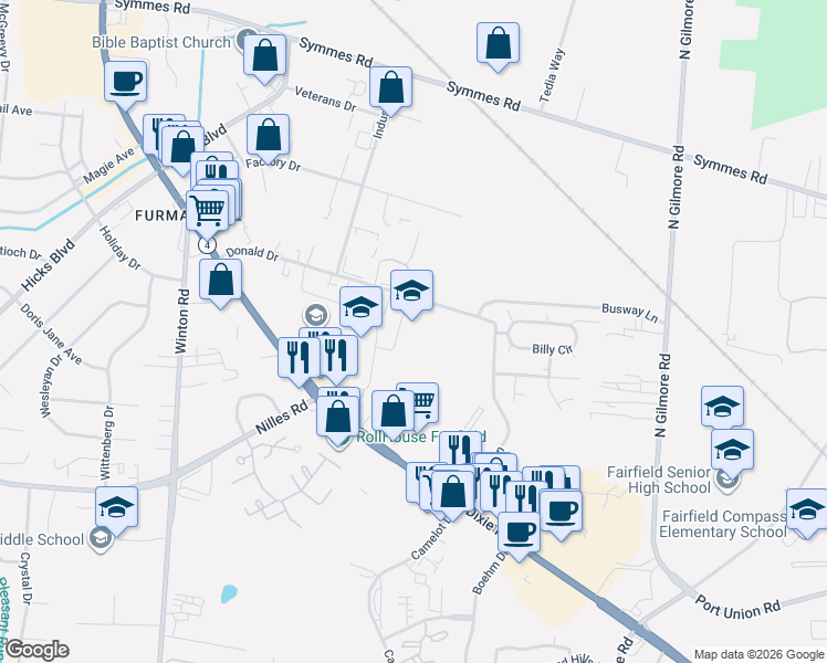 map of restaurants, bars, coffee shops, grocery stores, and more near 211-225 Donald Drive in Fairfield