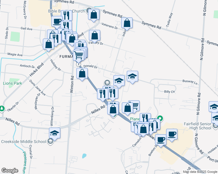 map of restaurants, bars, coffee shops, grocery stores, and more near 5058 Dixie Highway in Fairfield