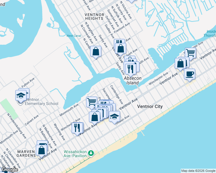 map of restaurants, bars, coffee shops, grocery stores, and more near 202 North Cambridge Avenue in Ventnor City