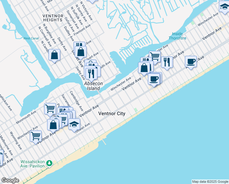 map of restaurants, bars, coffee shops, grocery stores, and more near 5705 Winchester Avenue in Ventnor City