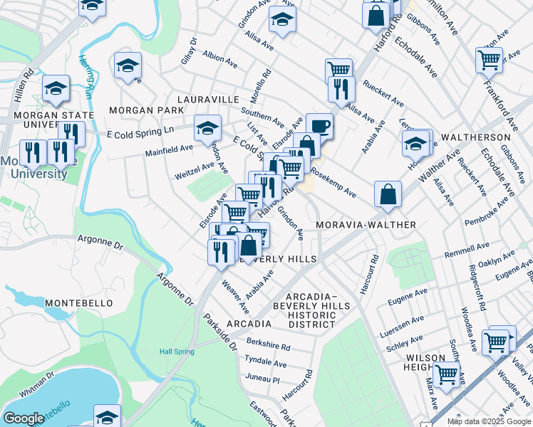 map of restaurants, bars, coffee shops, grocery stores, and more near 4529 Harford Road in Baltimore