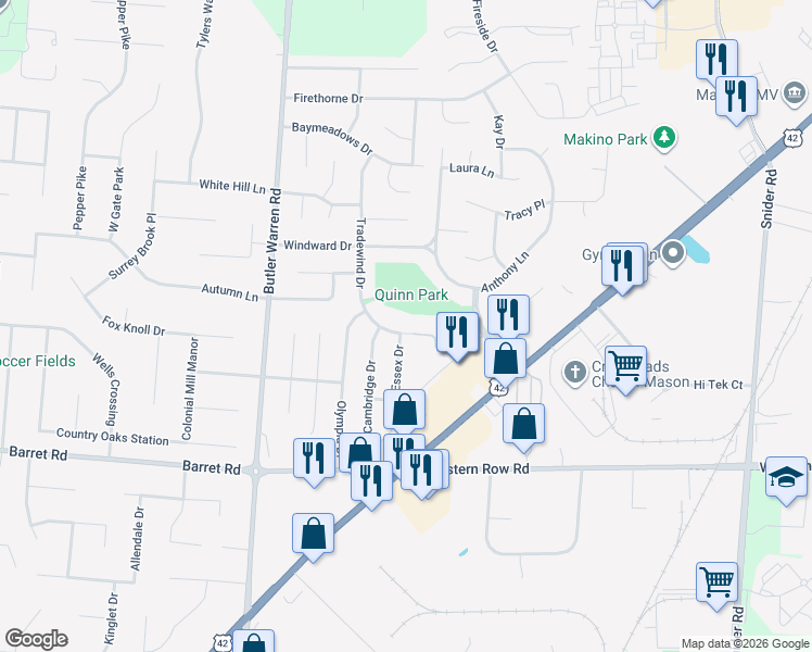 map of restaurants, bars, coffee shops, grocery stores, and more near 912 Tradewind Drive in Mason